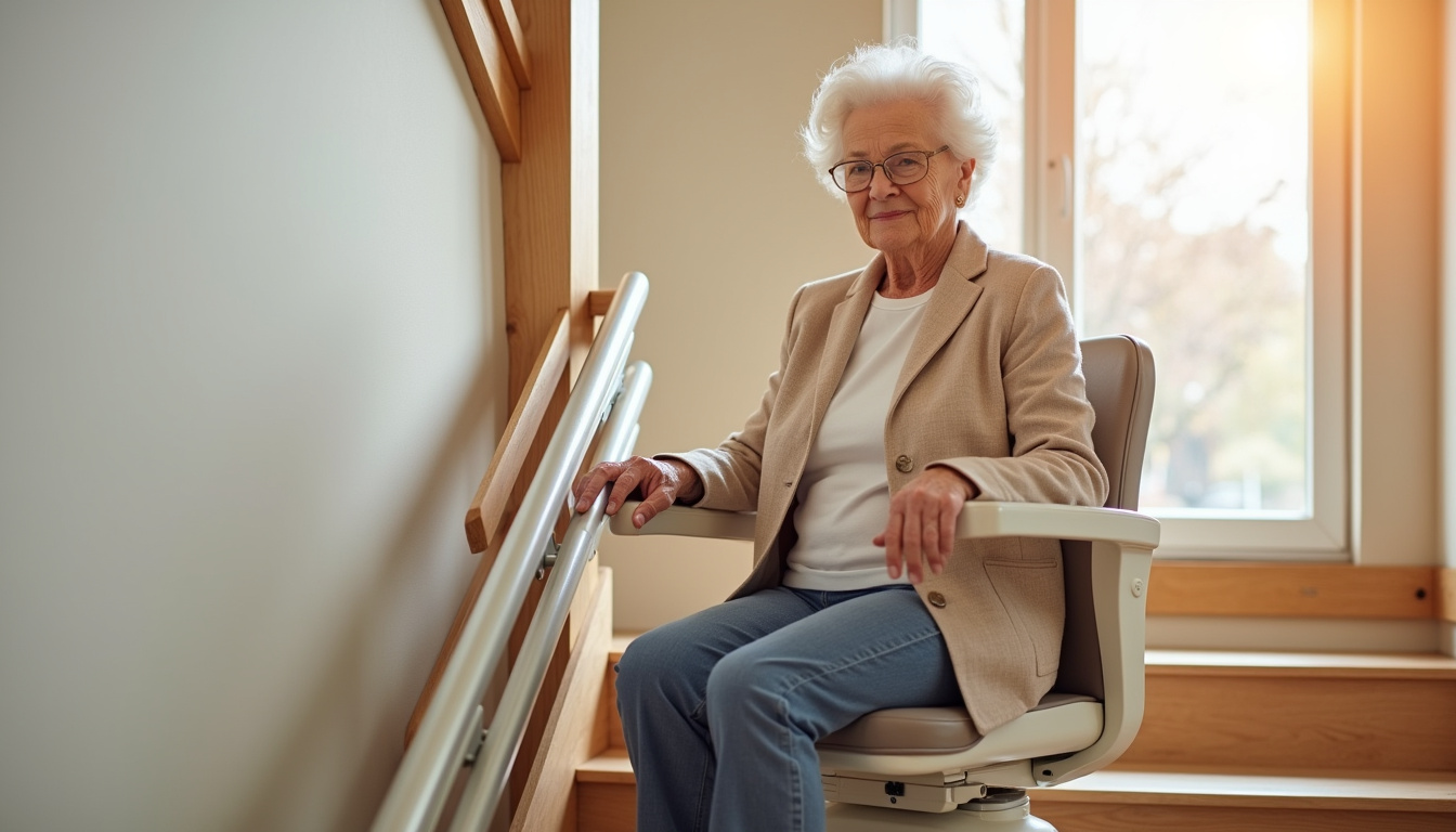 Personne âgée utilisant un monte-escalier avec ceinture de sécurité et assistance au démarrage