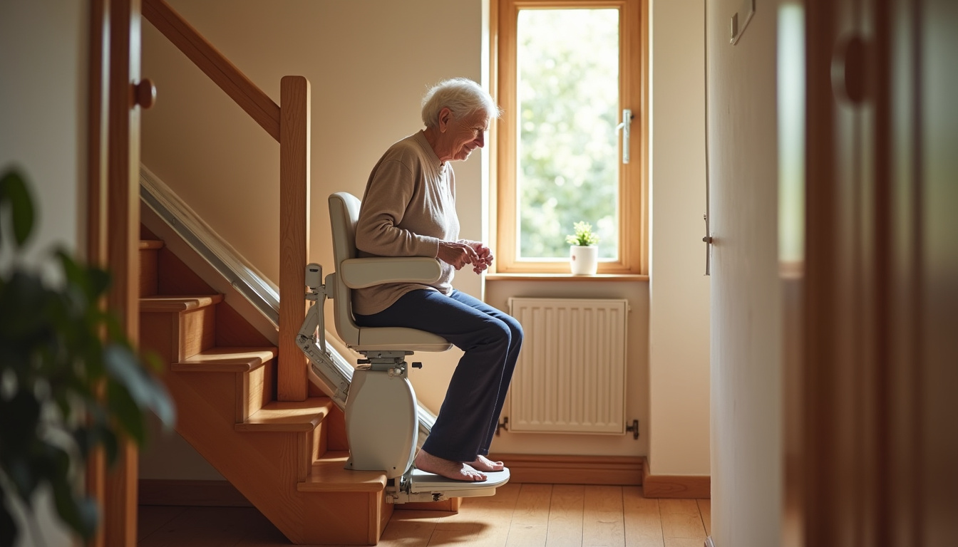 Personne âgée utilisant un monte-escalier dans sa maison à Mur-de-Sologne