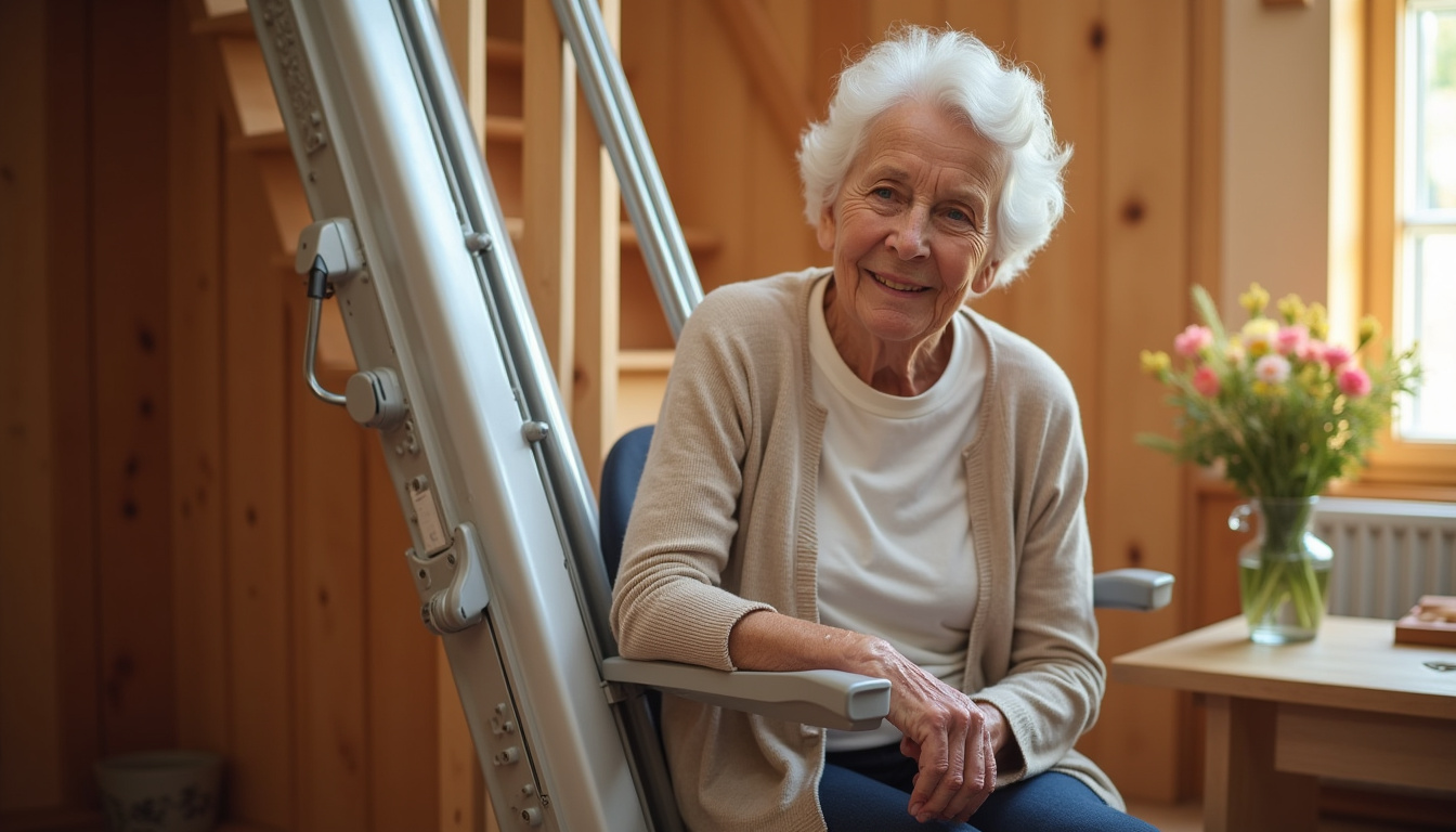 Personne âgée utilisant un monte-escalier dans sa maison à Peillac