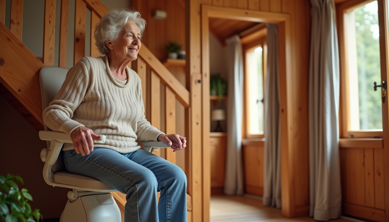 Personne âgée utilisant un monte-escalier dans sa maison à Provenchères-et-Colroy
