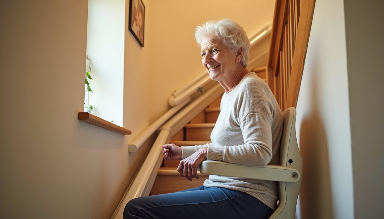 Personne âgée utilisant un monte-escalier dans sa maison à Rohrwiller