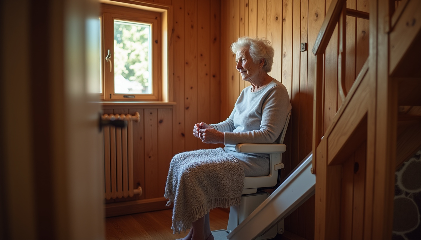 Personne âgée utilisant un monte-escalier dans sa maison à Valencin