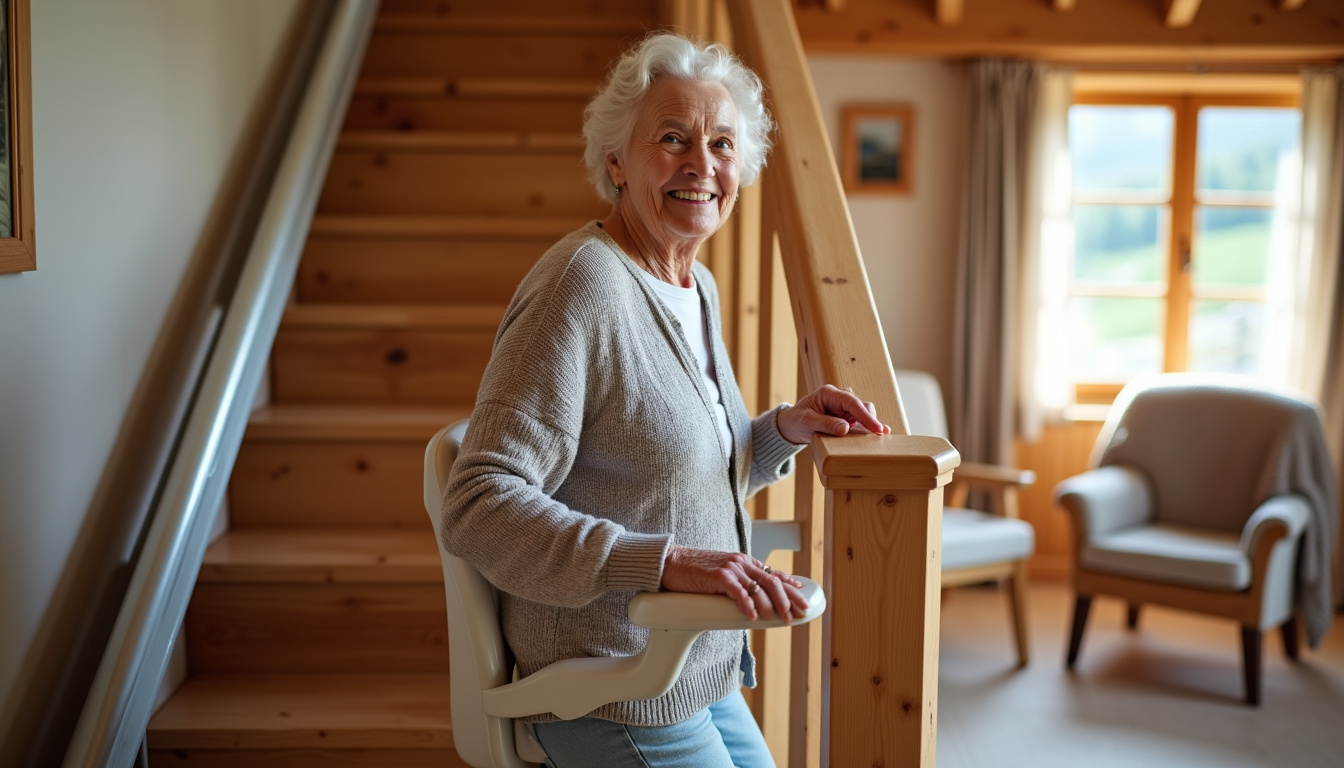 Personne âgée utilisant un monte-escalier dans sa maison du Territoire de Belfort