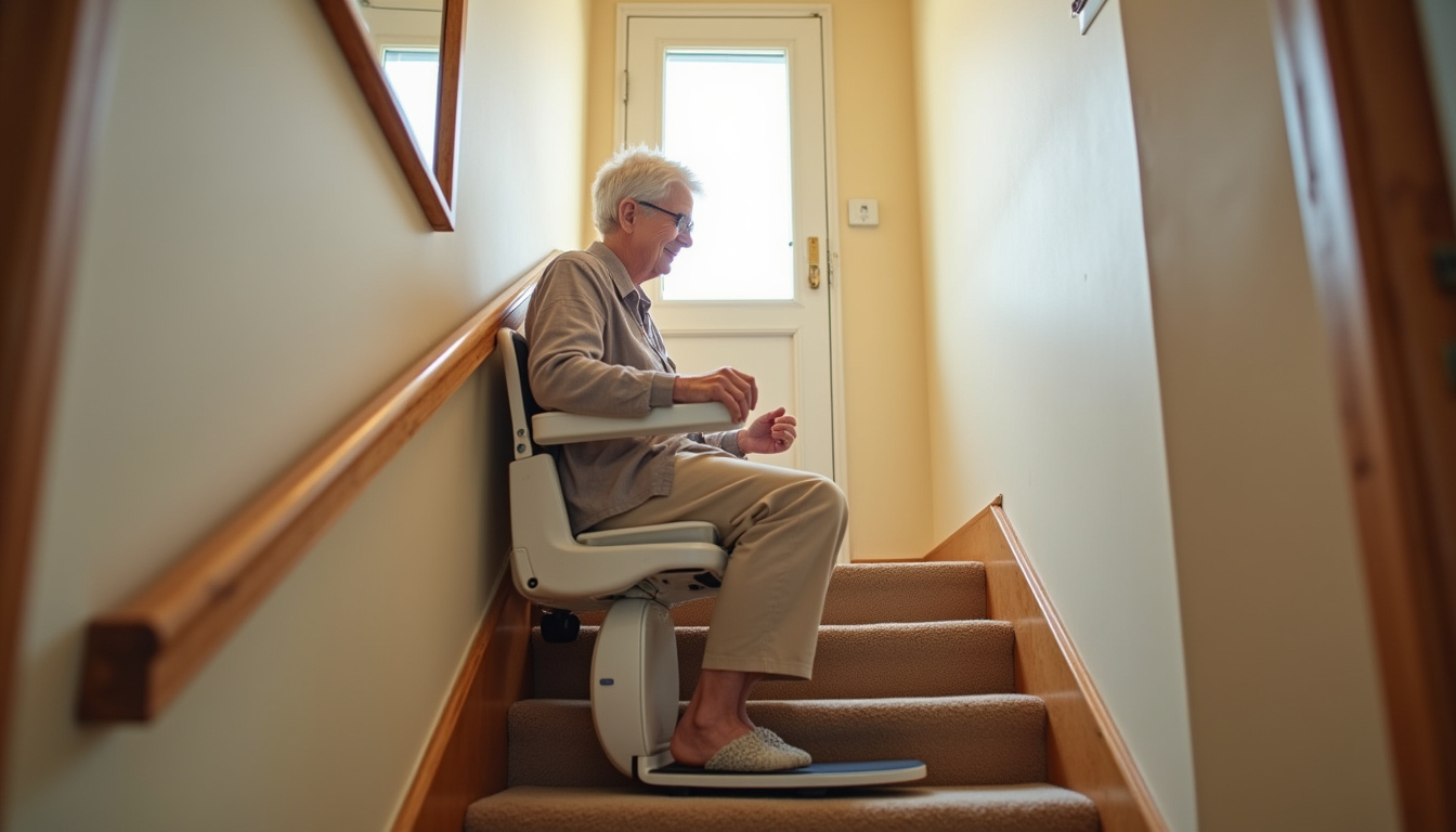 Personne âgée utilisant un monte-escalier dans sa maison