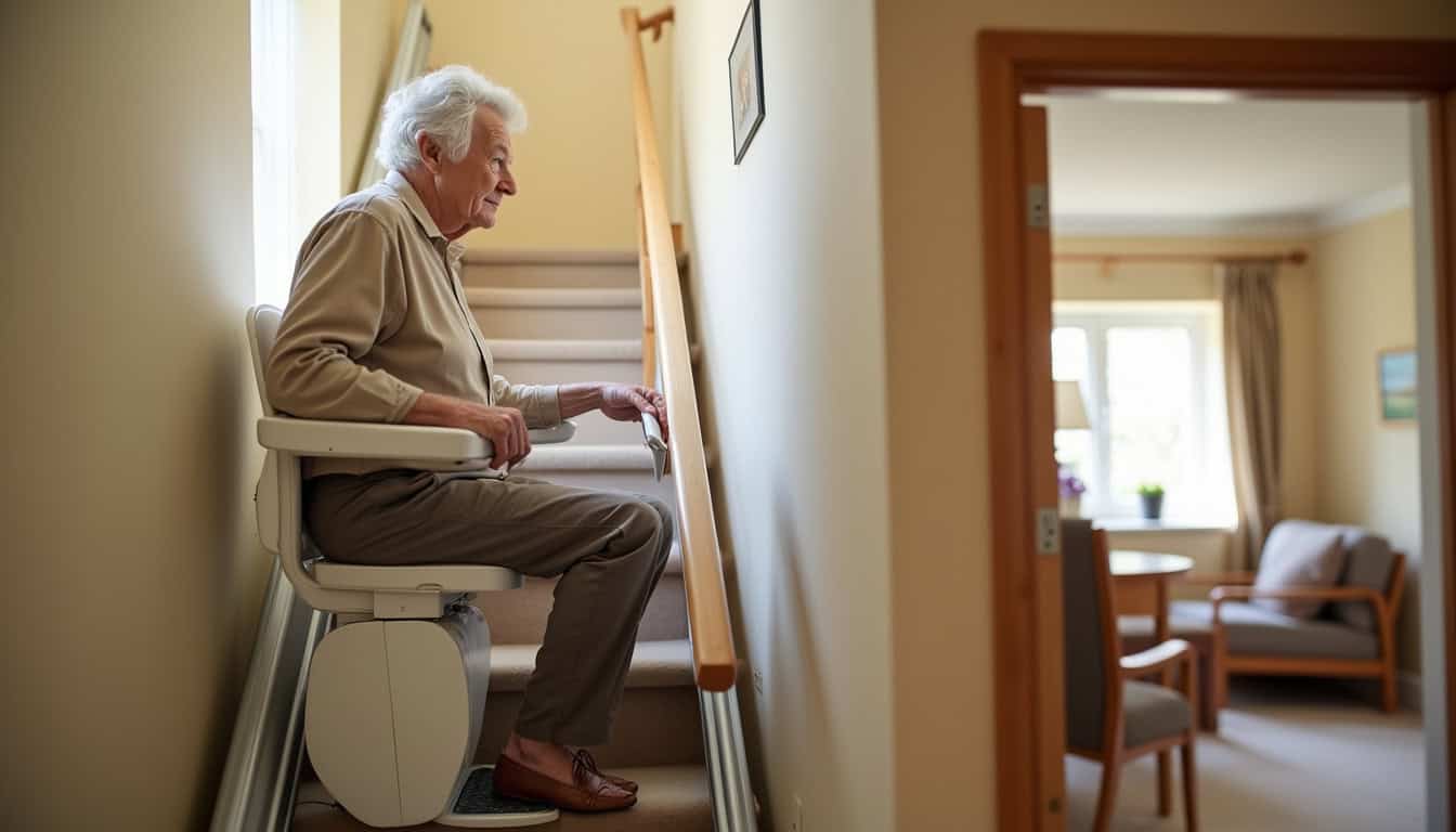 Personne âgée utilisant un monte-escalier dans sa maison