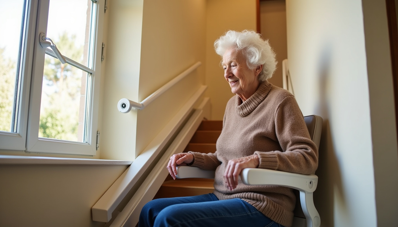 Personne âgée utilisant un monte-escalier dans son domicile à Le Perreux-sur-Marne
