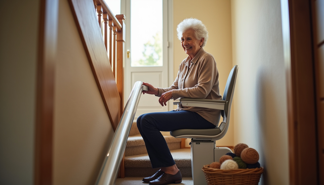 Personne âgée utilisant un monte-escalier dans son domicile à Saint-Jean-les-Deux-Jumeaux