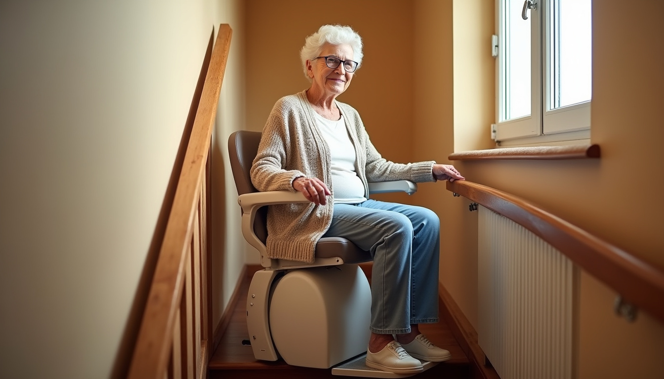 Personne âgée utilisant un monte-escalier dans une maison à Labastide-Saint-Georges