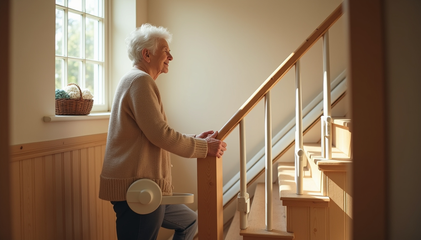 Personne âgée utilisant un monte-escalier dans une maison à Saint-Georges-sur-Allier