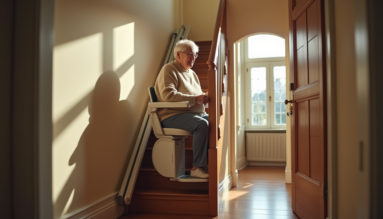 Personne âgée utilisant un monte-escalier dans une maison à Saint-Venant