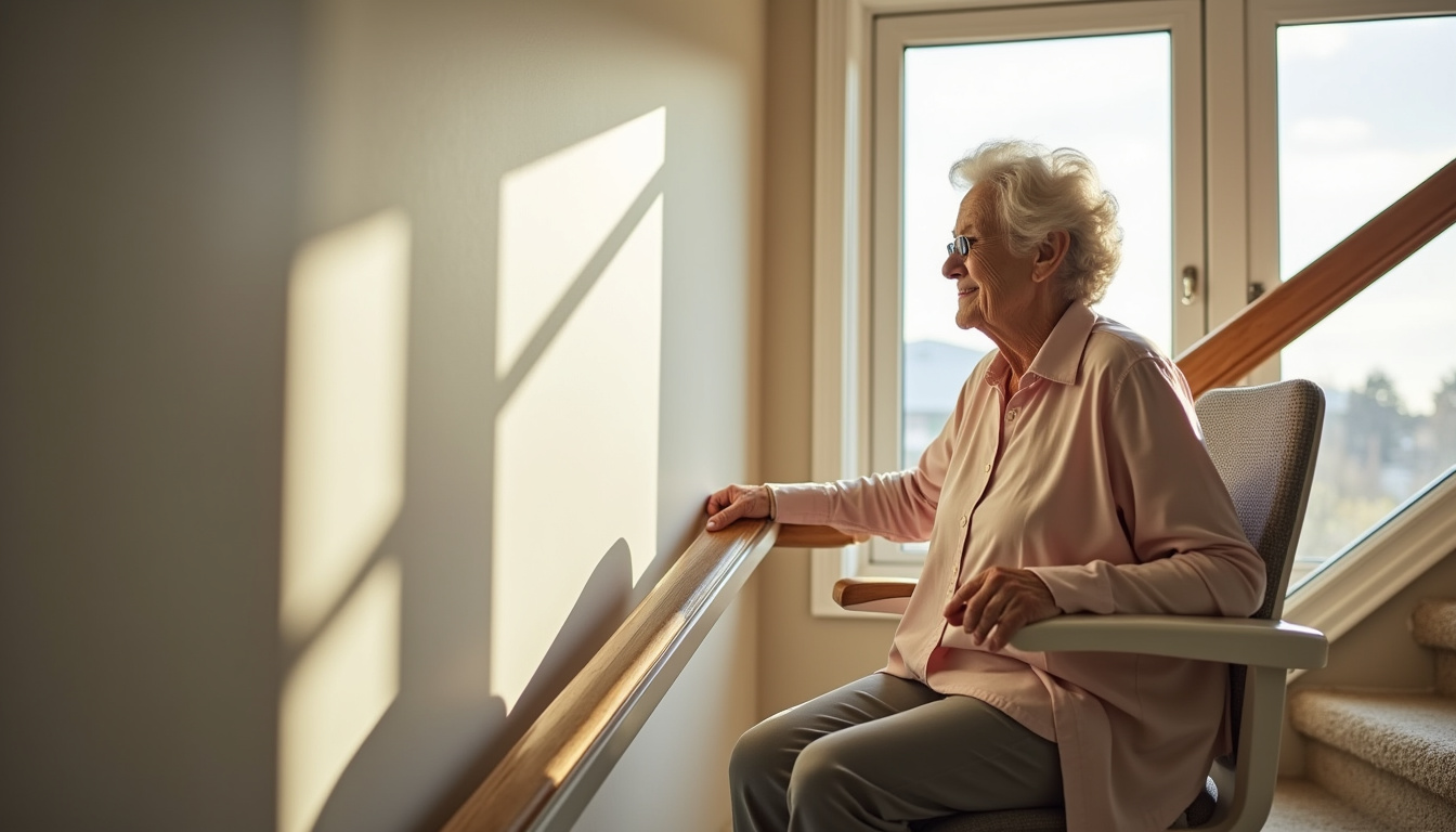 Personne âgée utilisant un monte-escalier dans une maison de Bouffémont
