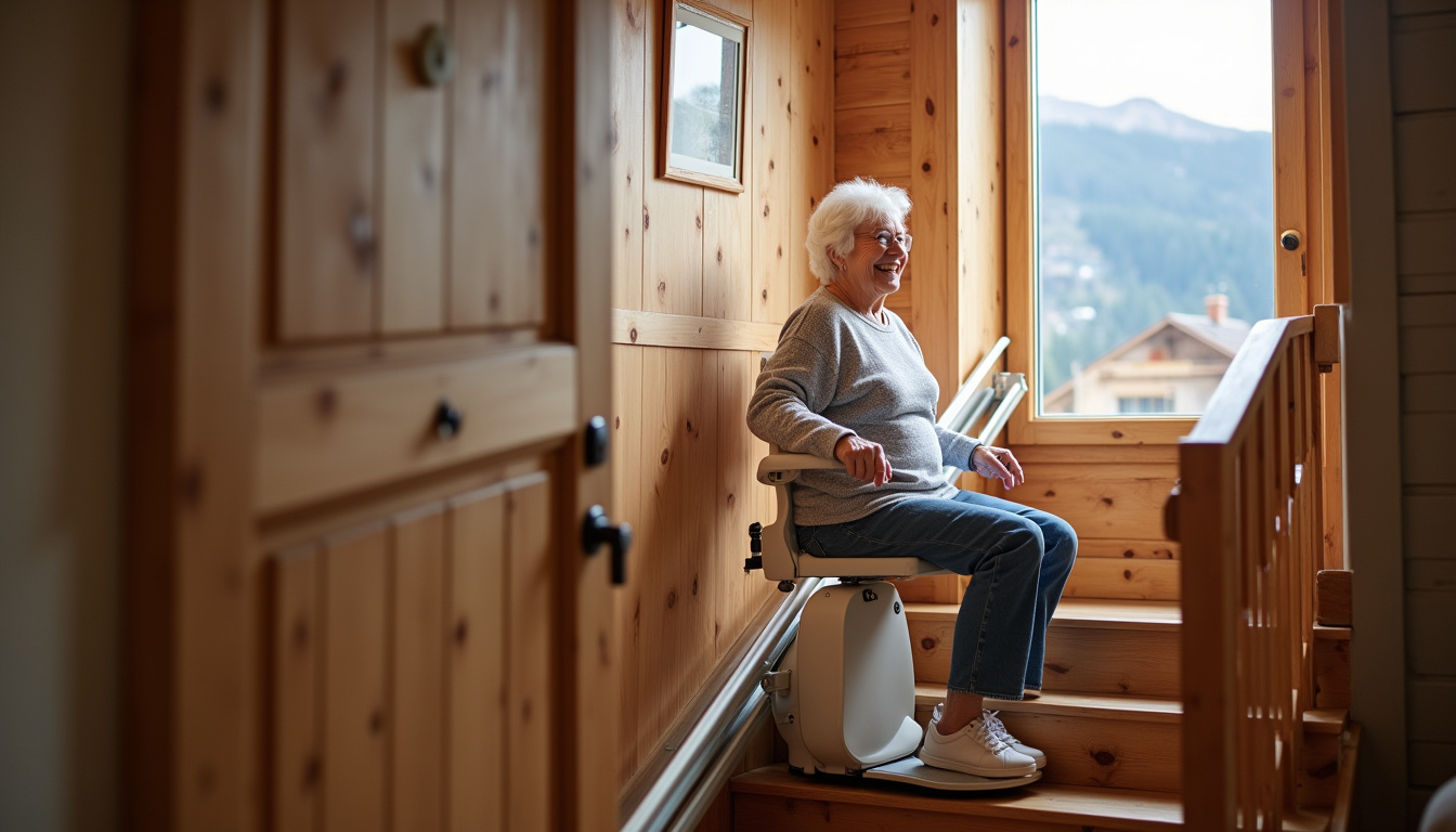 Personne âgée utilisant un monte-escalier dans une maison de Moûtiers