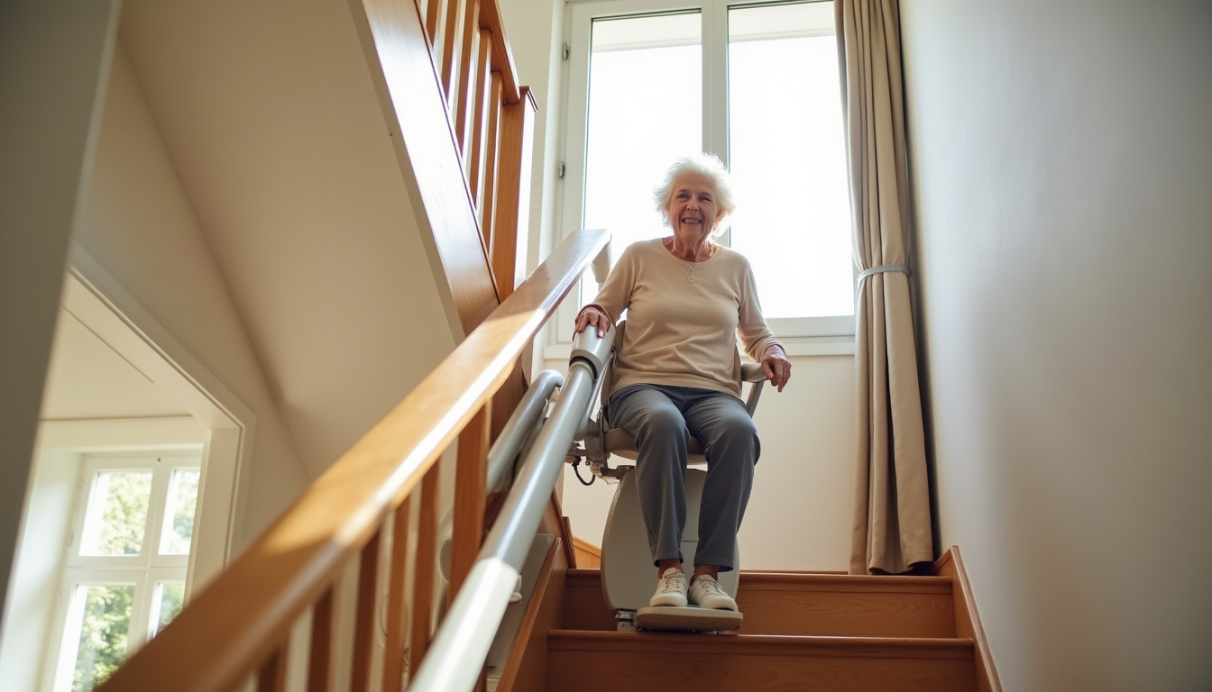Personne âgée utilisant un monte-escalier dans une maison de Saint-Rambert-en-Bugey