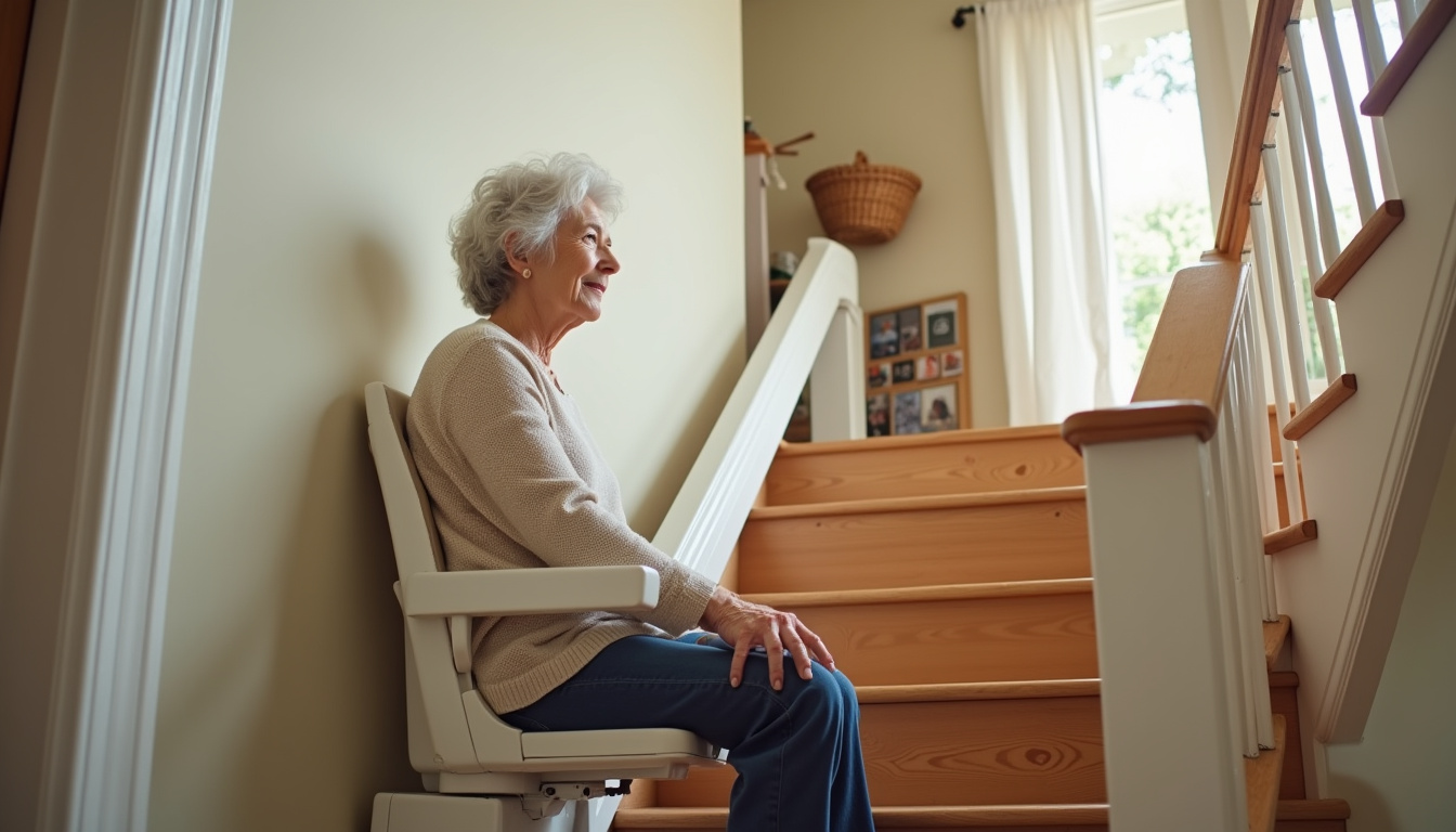 Personne âgée utilisant un monte-escalier dans une maison de Varzy