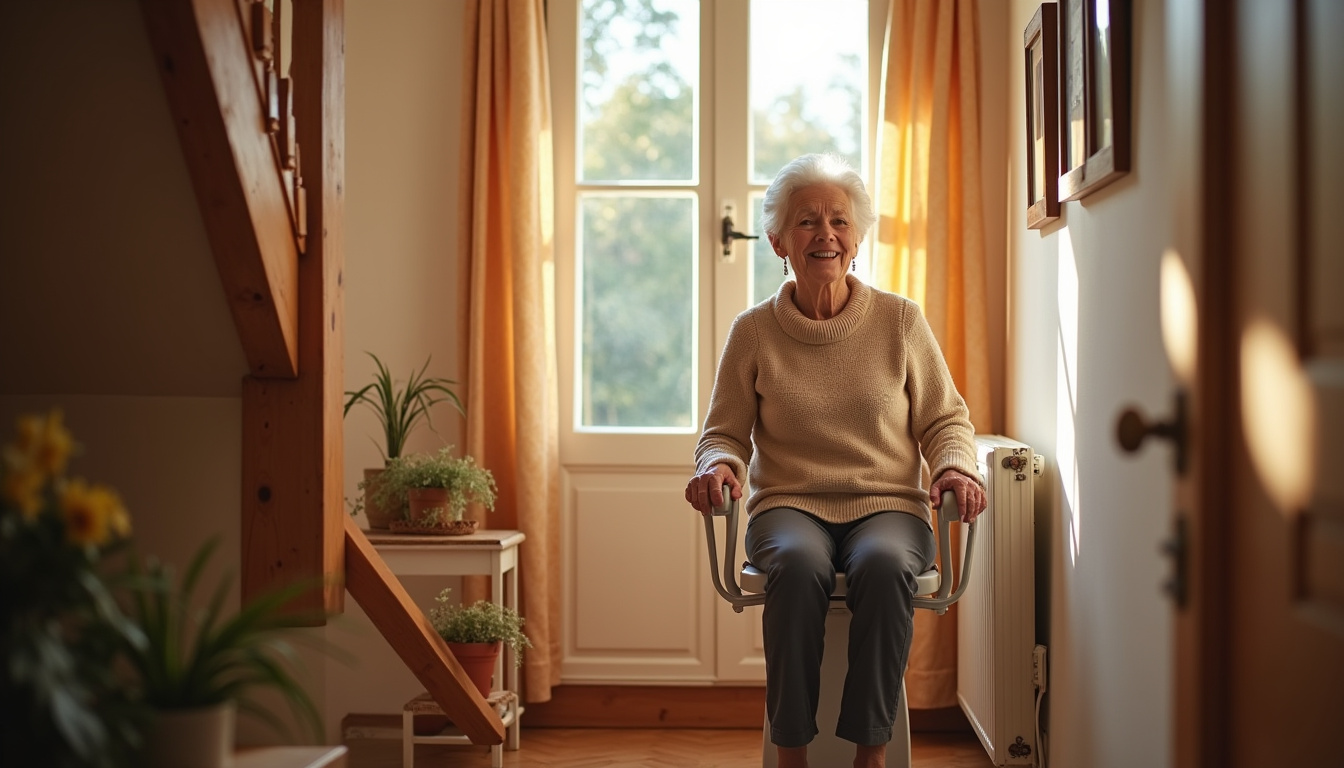 Personne âgée utilisant un monte-escalier dans une maison familiale à Périgneux