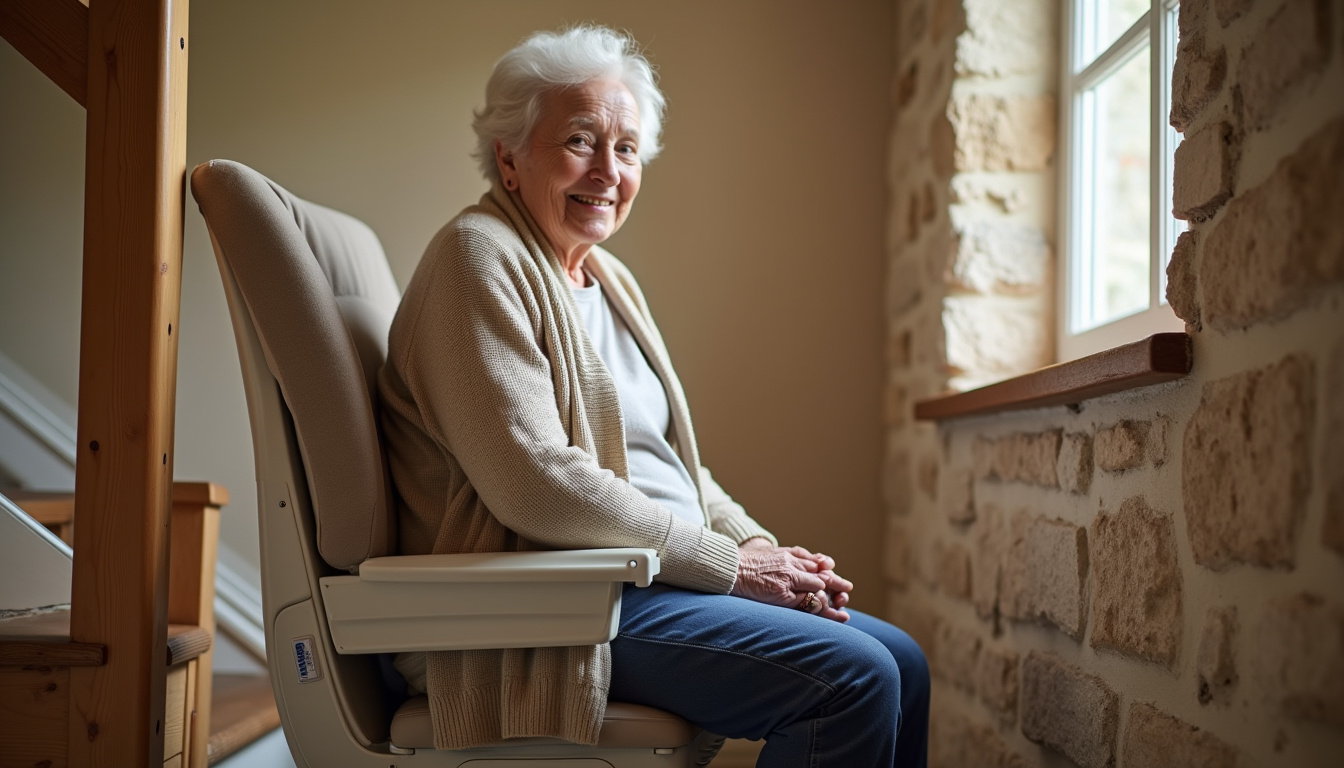 Personne âgée utilisant un monte-escalier dans une maison traditionnelle à Le Folgoët