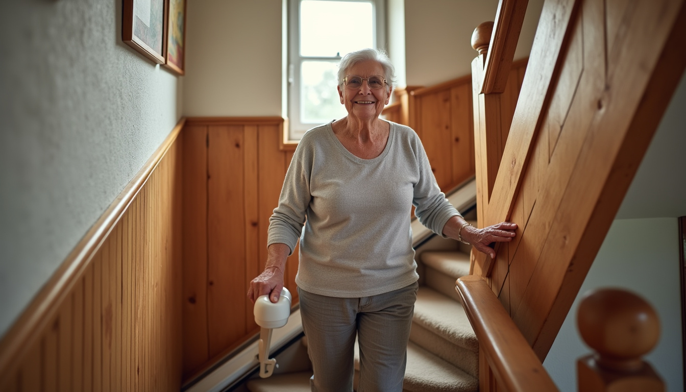 Personne âgée utilisant un monte-escalier dans une maison traditionnelle d