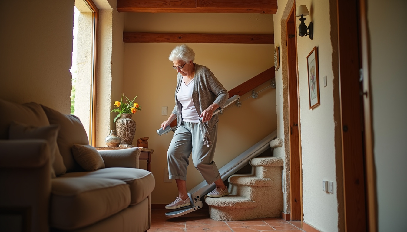Personne âgée utilisant un monte-escalier dans une maison traditionnelle de Saulon-la-chapelle