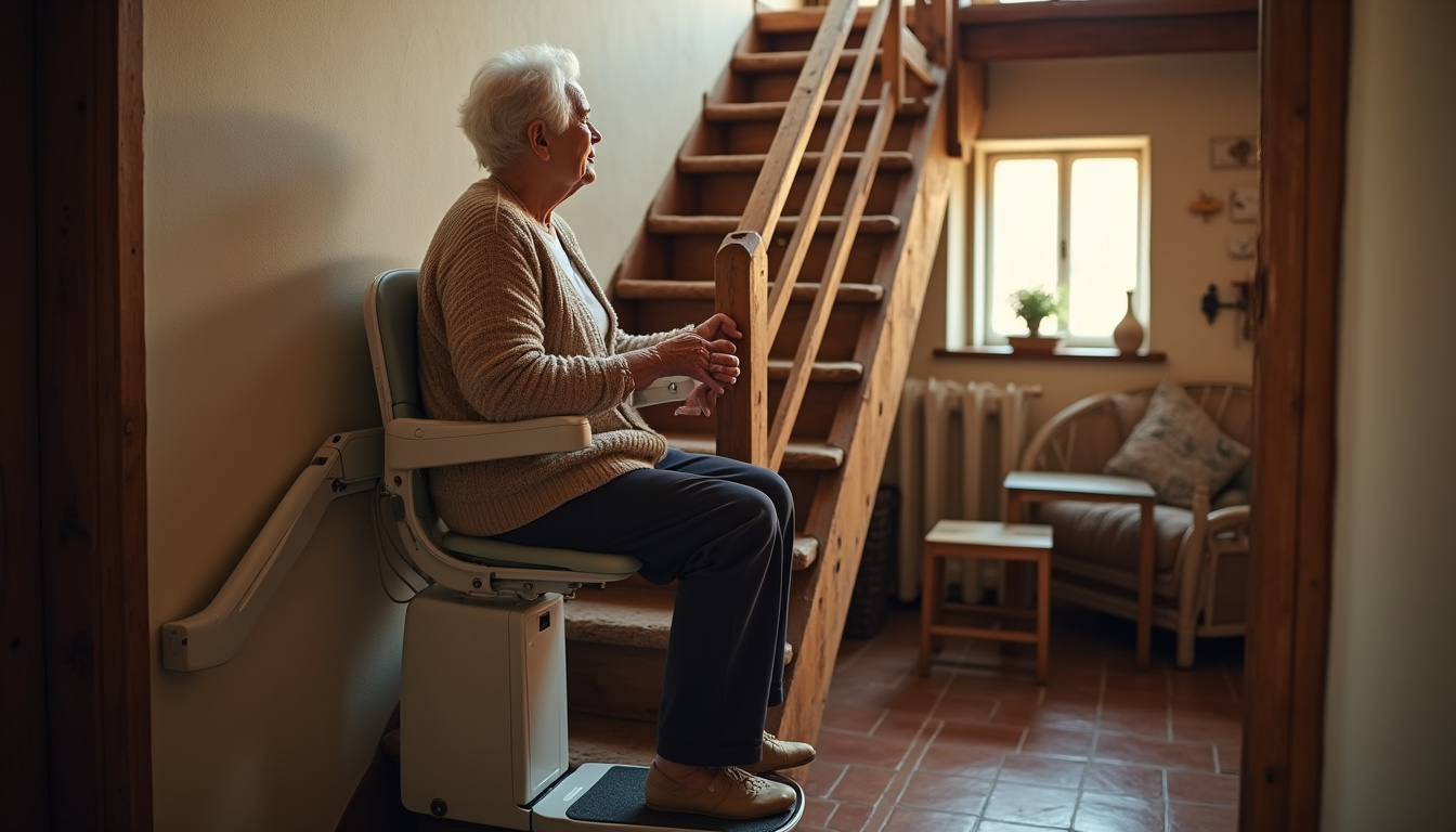Personne âgée utilisant un monte-escalier dans une maison typique de Navenne