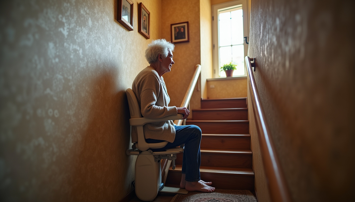 Personne âgée utilisant un monte-escalier dans une maison typique de Noyelles-sous-Lens
