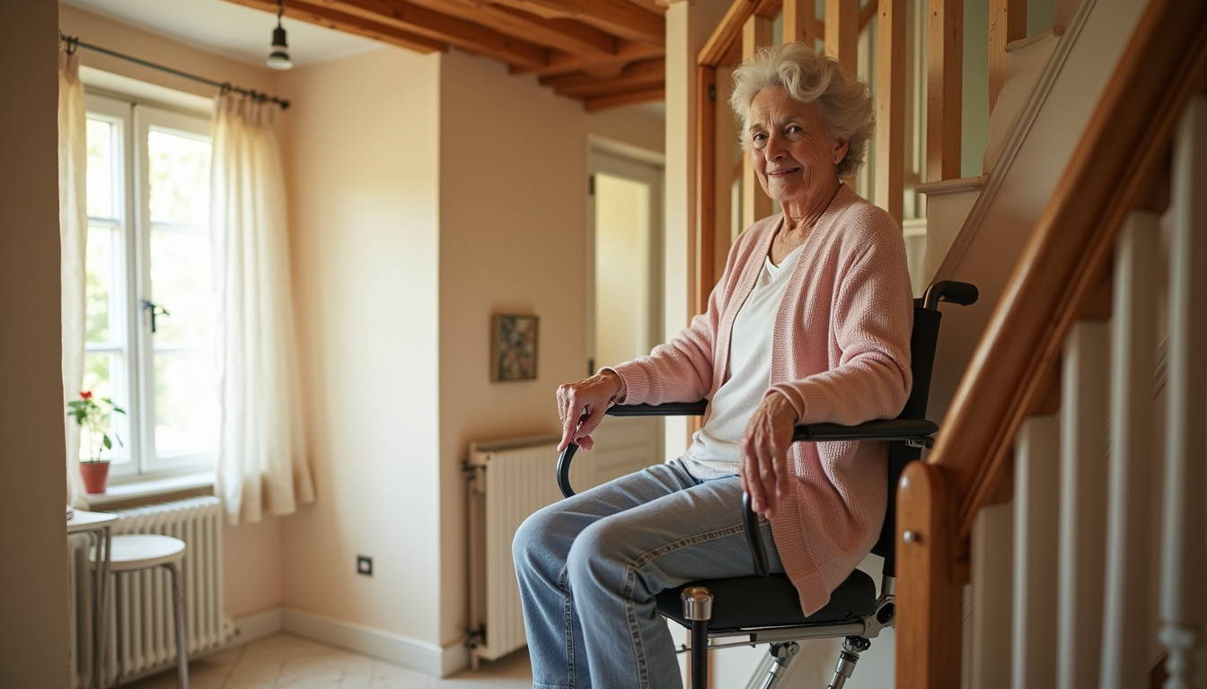 Personne âgée utilisant un monte-escalier dans une maison typique de Sailly-lez-Lannoy