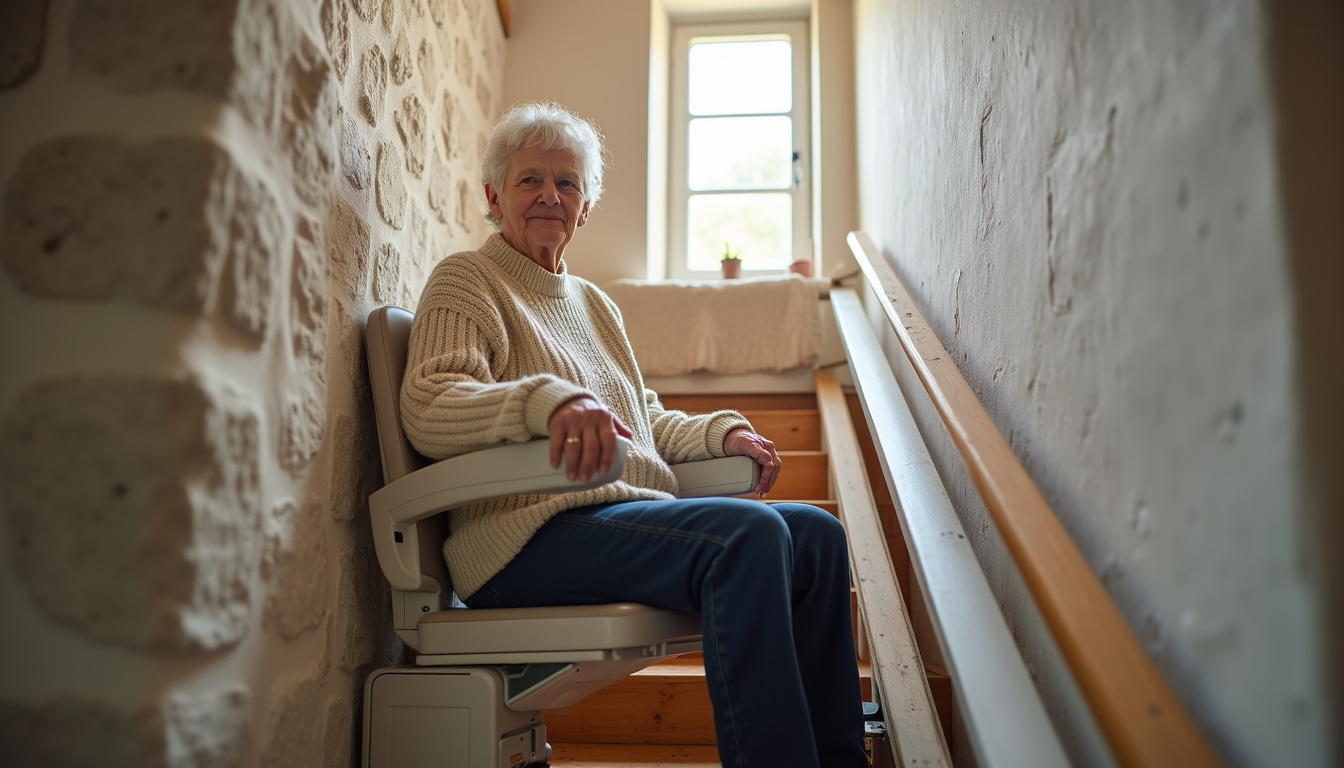 Personne âgée utilisant un monte-escalier dans une maison typique de Saint-Pabu