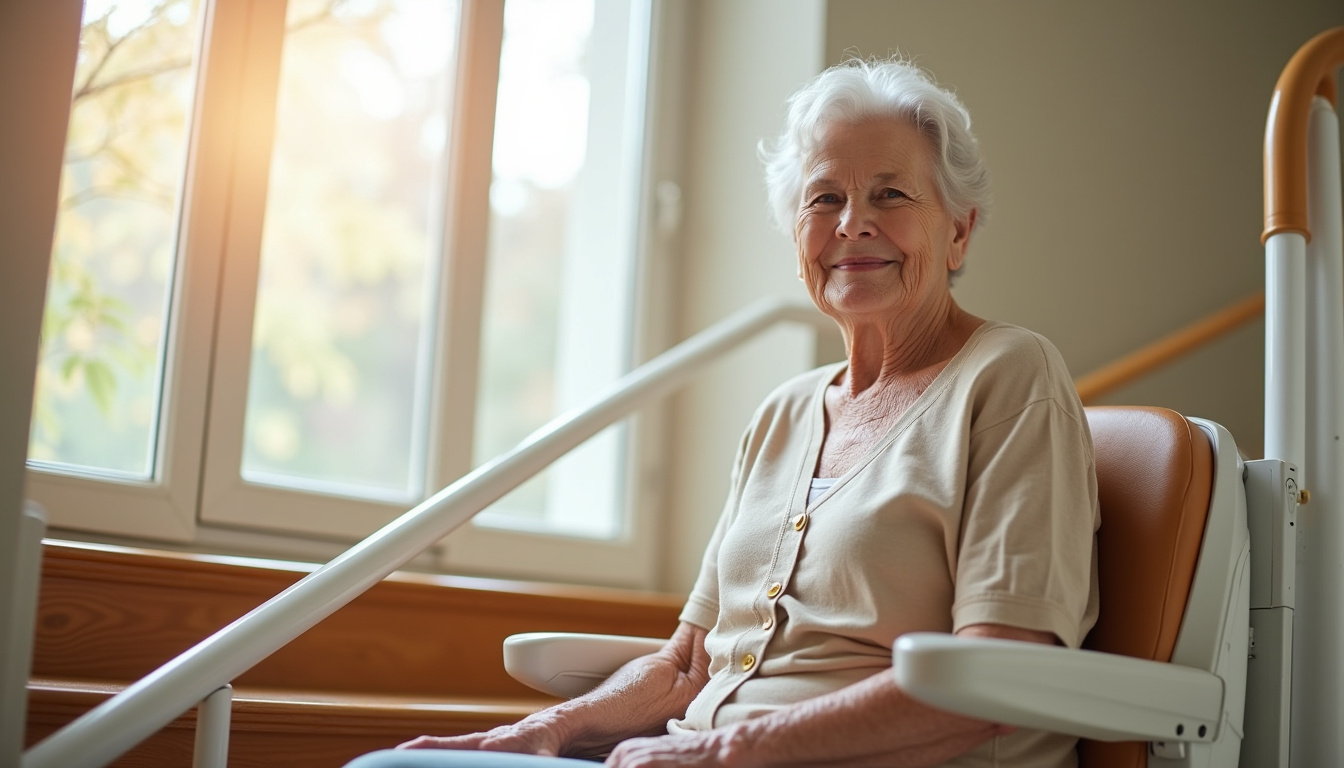 Personne âgée utilisant un monte-escalier de manière autonome dans sa maison