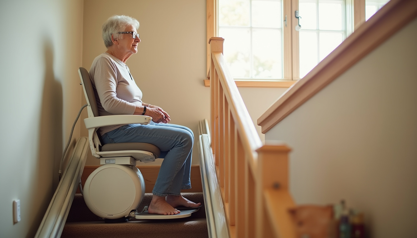 Personne âgée utilisant un monte-escalier en toute sécurité dans une maison de Wasquehal