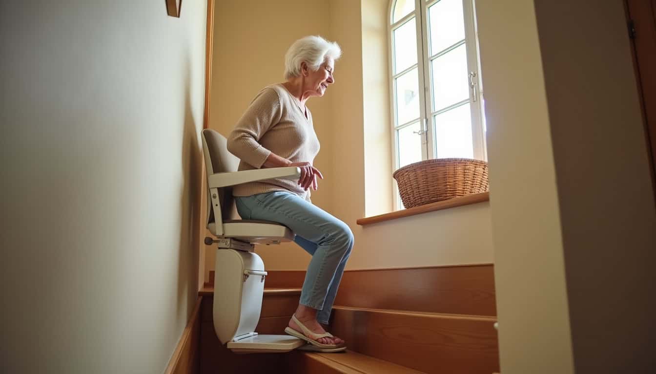 Personne âgée utilisant un monte-escalier intérieur à Saint-Gildas-de-Rhuys en situation réelle