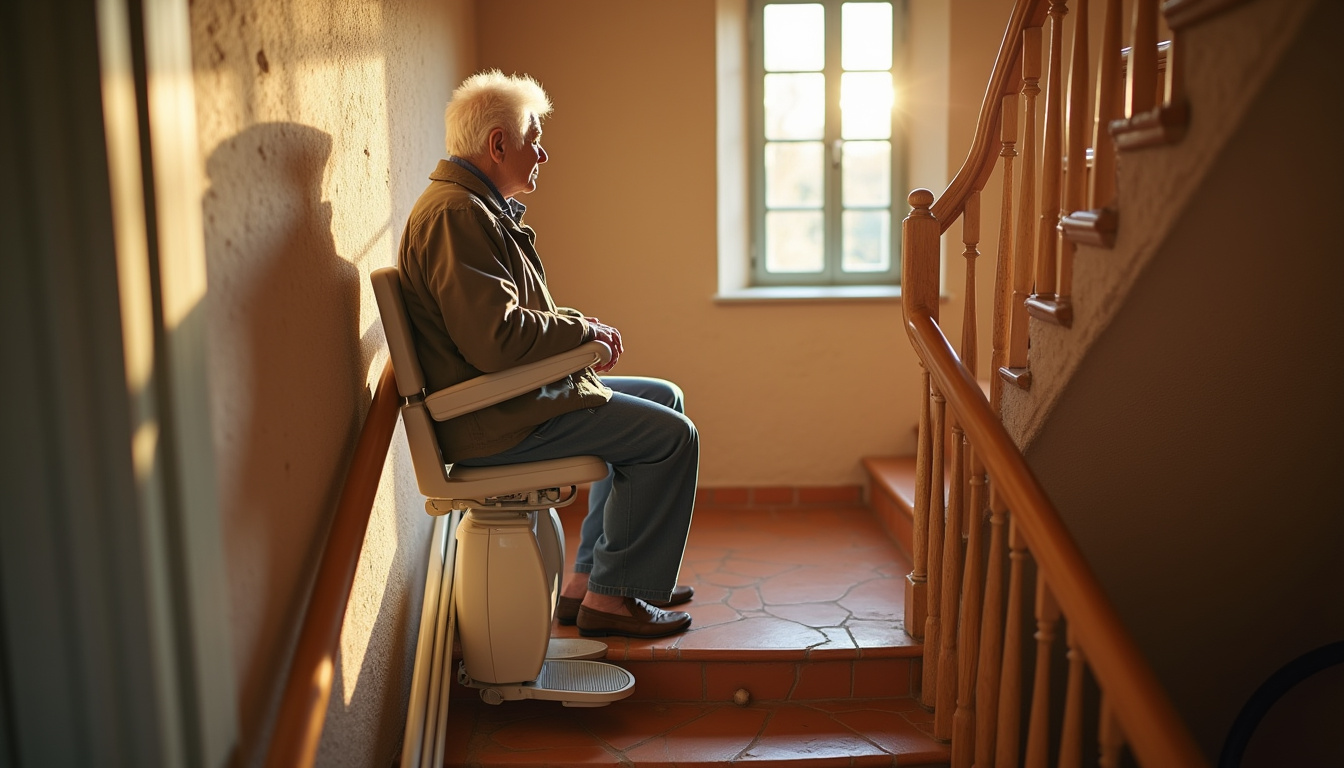 Personne âgée utilisant un monte-escalier tournant dans une maison de la Drôme