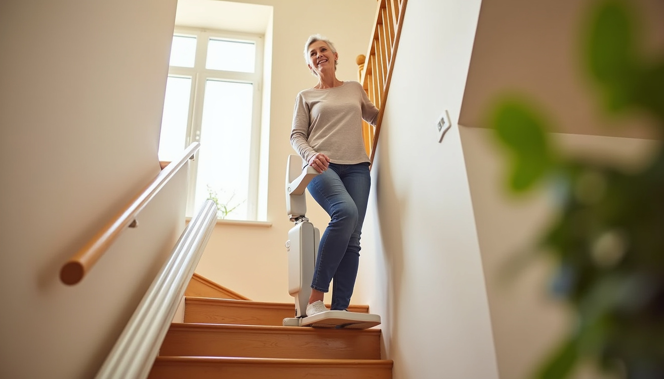 Personne utilisant un monte-escalier debout, en position verticale, avec un appui pour les genoux et les hanches