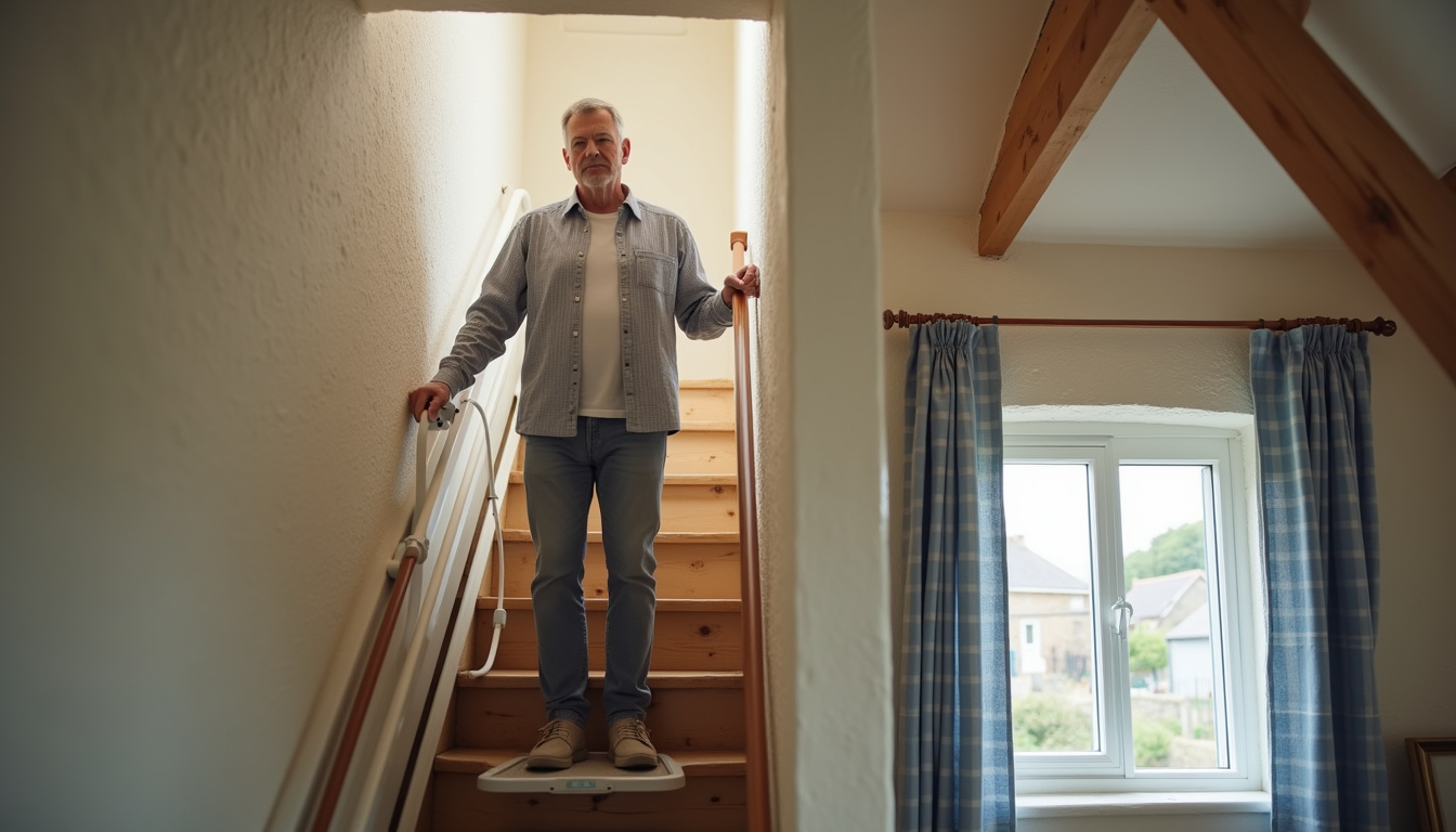 Personne utilisant un monte-escalier mobile debout dans une maison bretonne