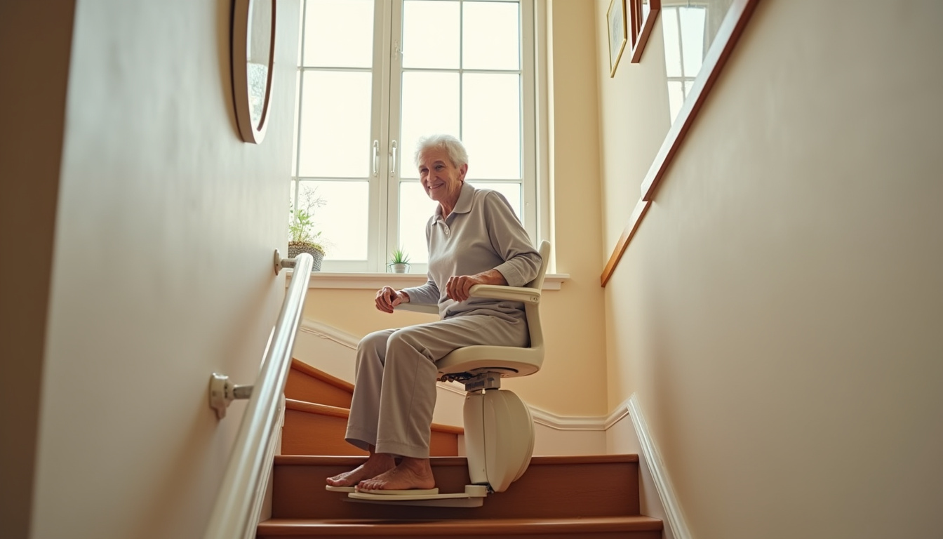 Personne utilisant un monte-escalier tournant dans une maison à Daux