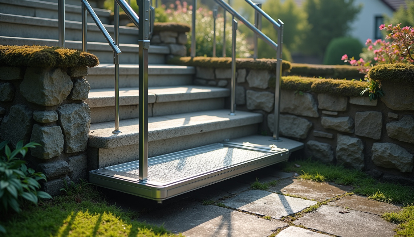 Plateforme élévatrice extérieure installée sur un escalier extérieur en béton, avec revêtement antidérapant