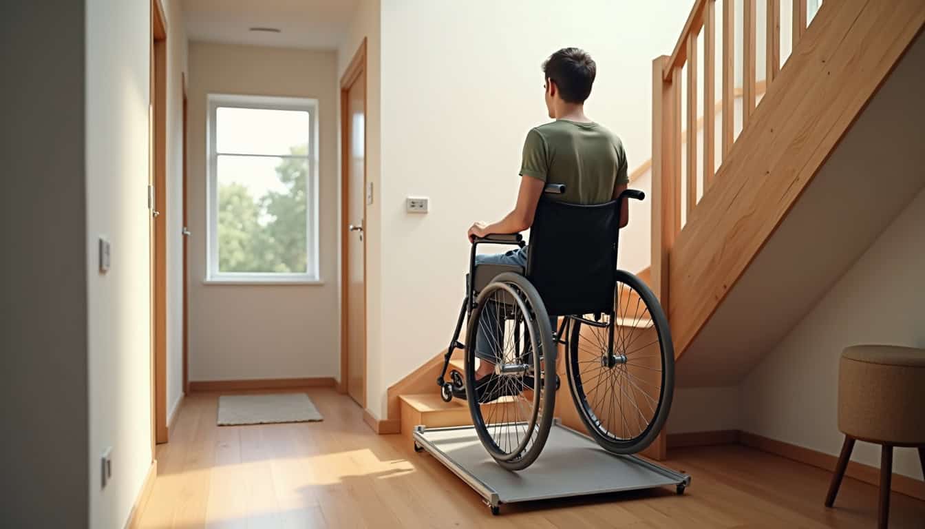Plateforme élévatrice PMR permettant à un fauteuil roulant de monter un escalier intérieur