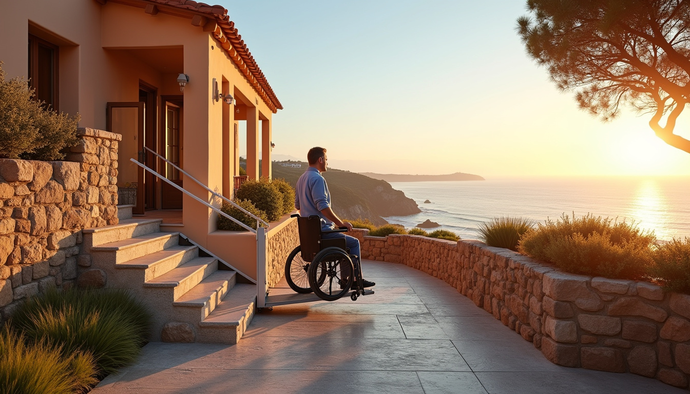 Plateforme monte-escalier installée à l’extérieur d’une villa à Biarritz pour accès en fauteuil roulant