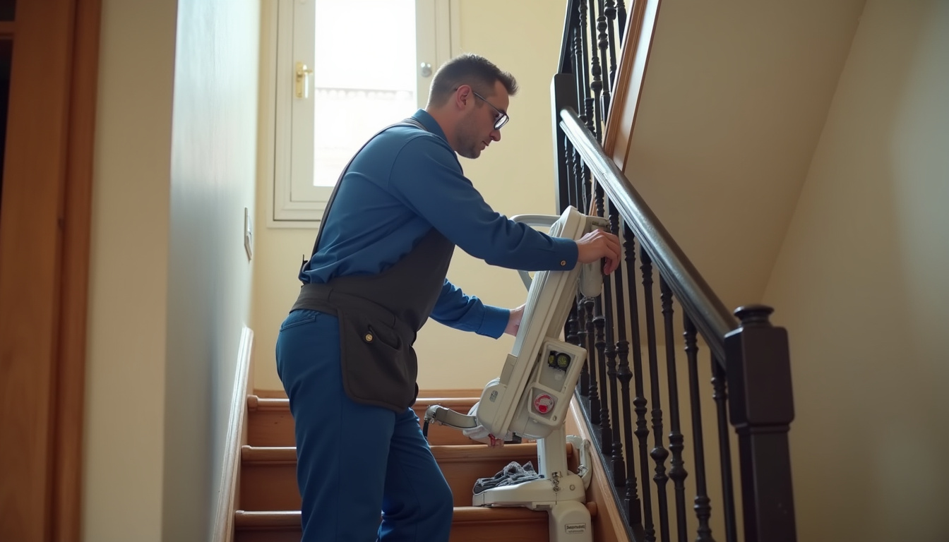 Professionnel en train d’installer un monte-escalier dans une habitation à Noyelles-Godault