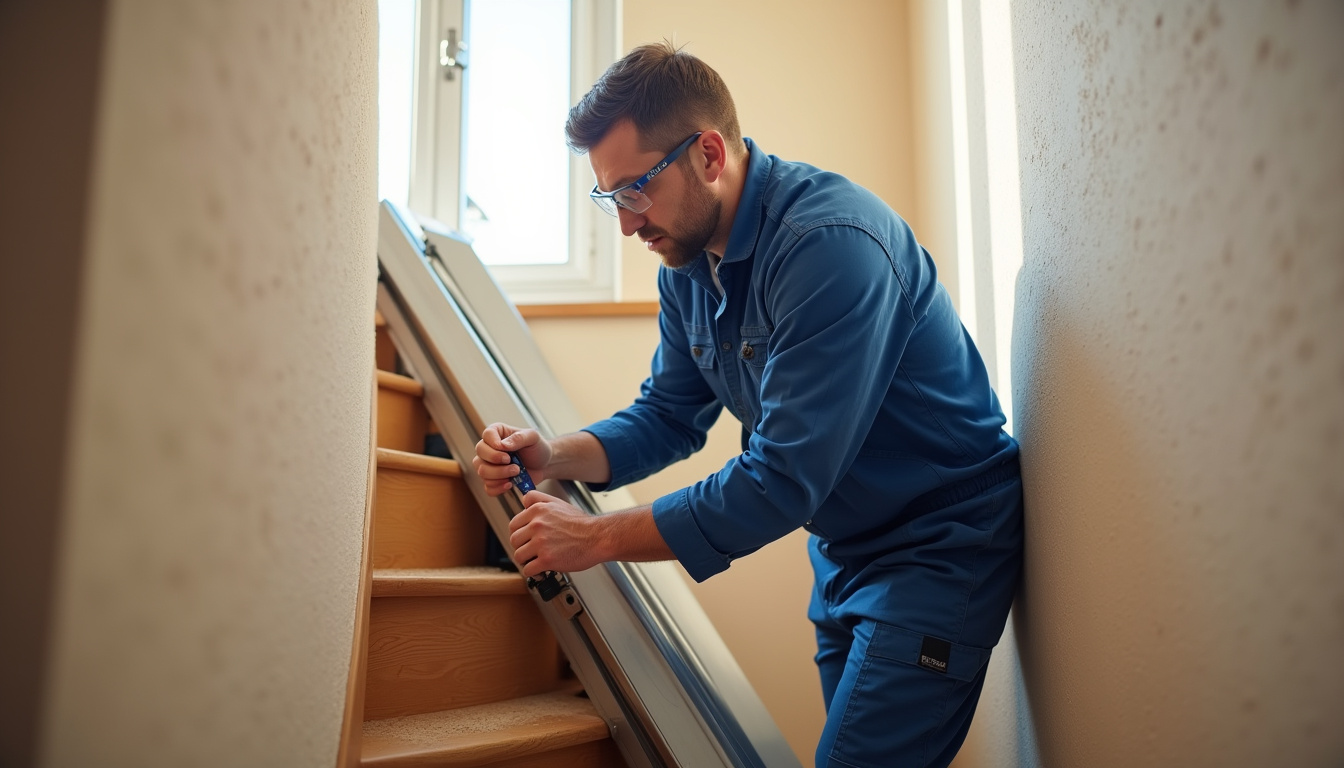Professionnel en train d’installer un monte-escalier dans une maison à Saint-Mathurin