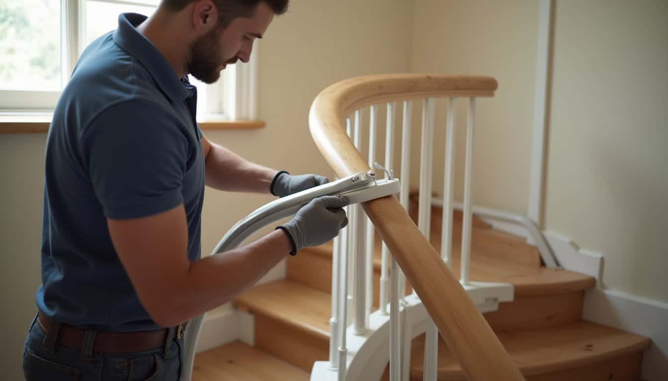 Rail de monte-escalier en cours de personnalisation pour un escalier tournant