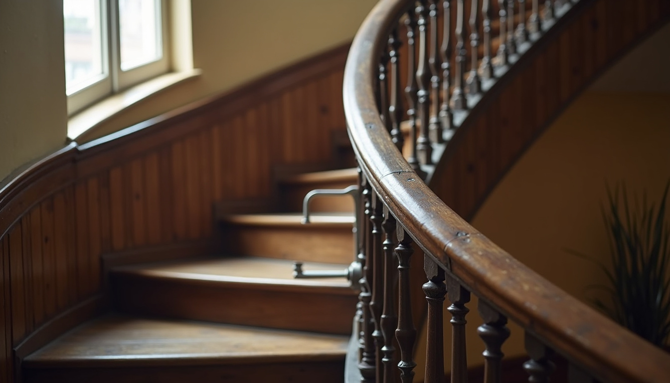 Rail d’un monte-escalier tournant installé sur un escalier ancien avec virage