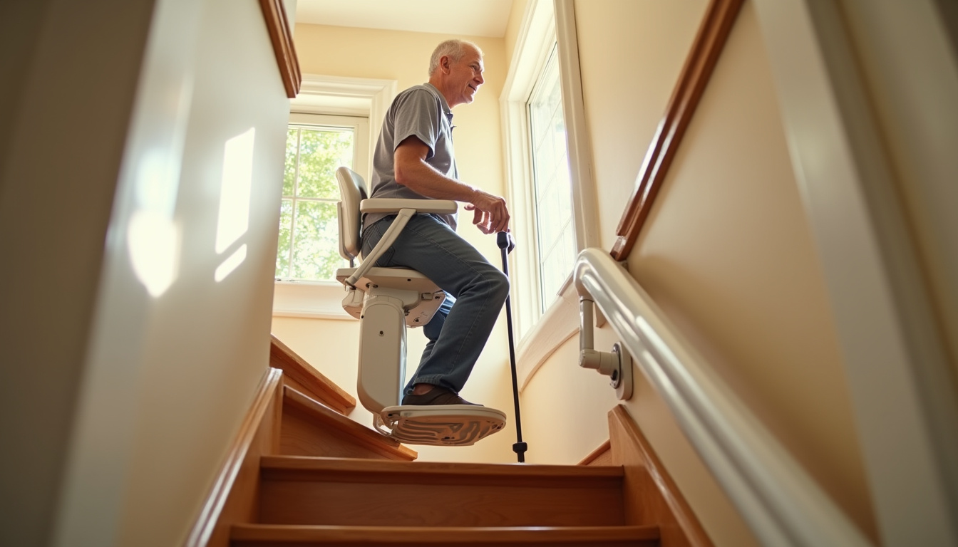 Résident utilisant son monte-escalier à Saint-Jean-des-Champs
