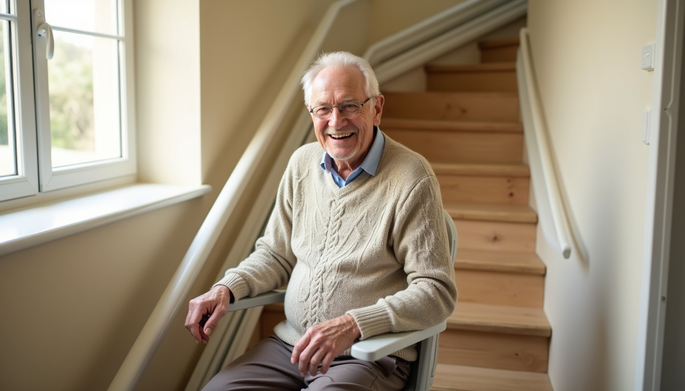 Senior utilisant son monte-escalier à Villegouge, souriant et en sécurité