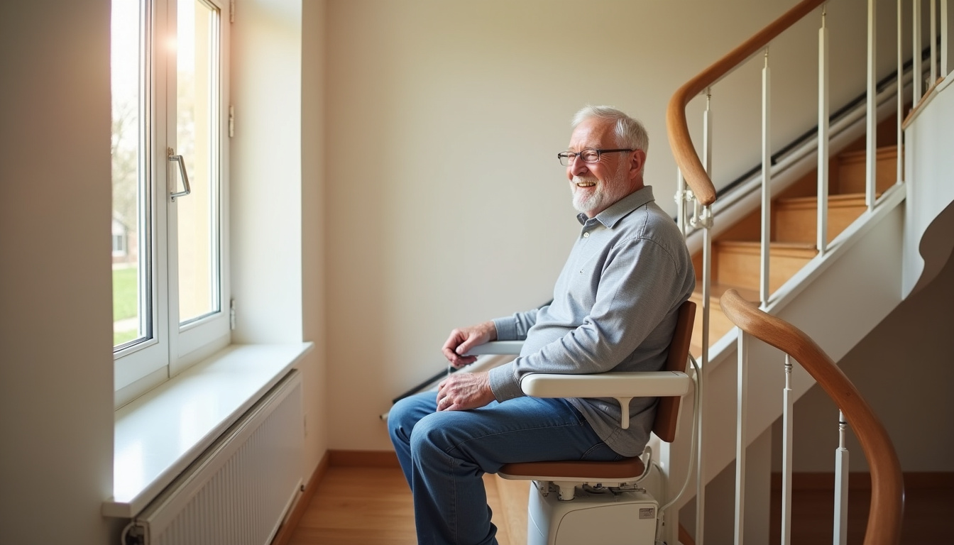 Senior utilisant son monte-escalier pour accéder à l’étage en toute autonomie