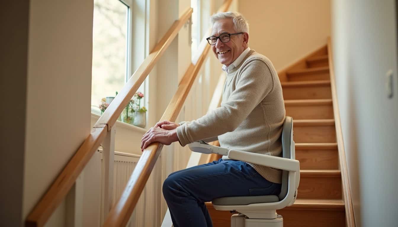Senior utilisant un monte-escalier à Luisant en toute sécurité, montrant une installation discrète et fonctionnelle