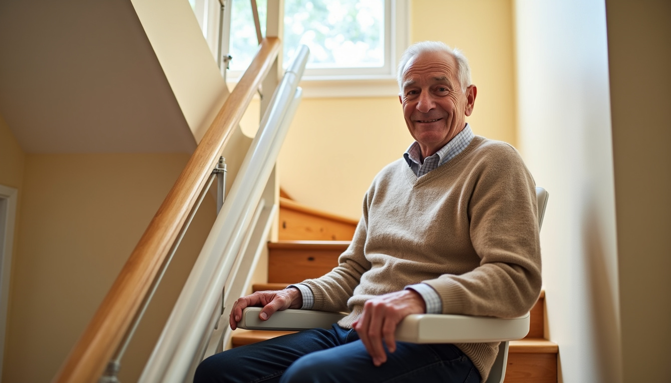 Senior utilisant un monte-escalier dans sa maison à Combourg