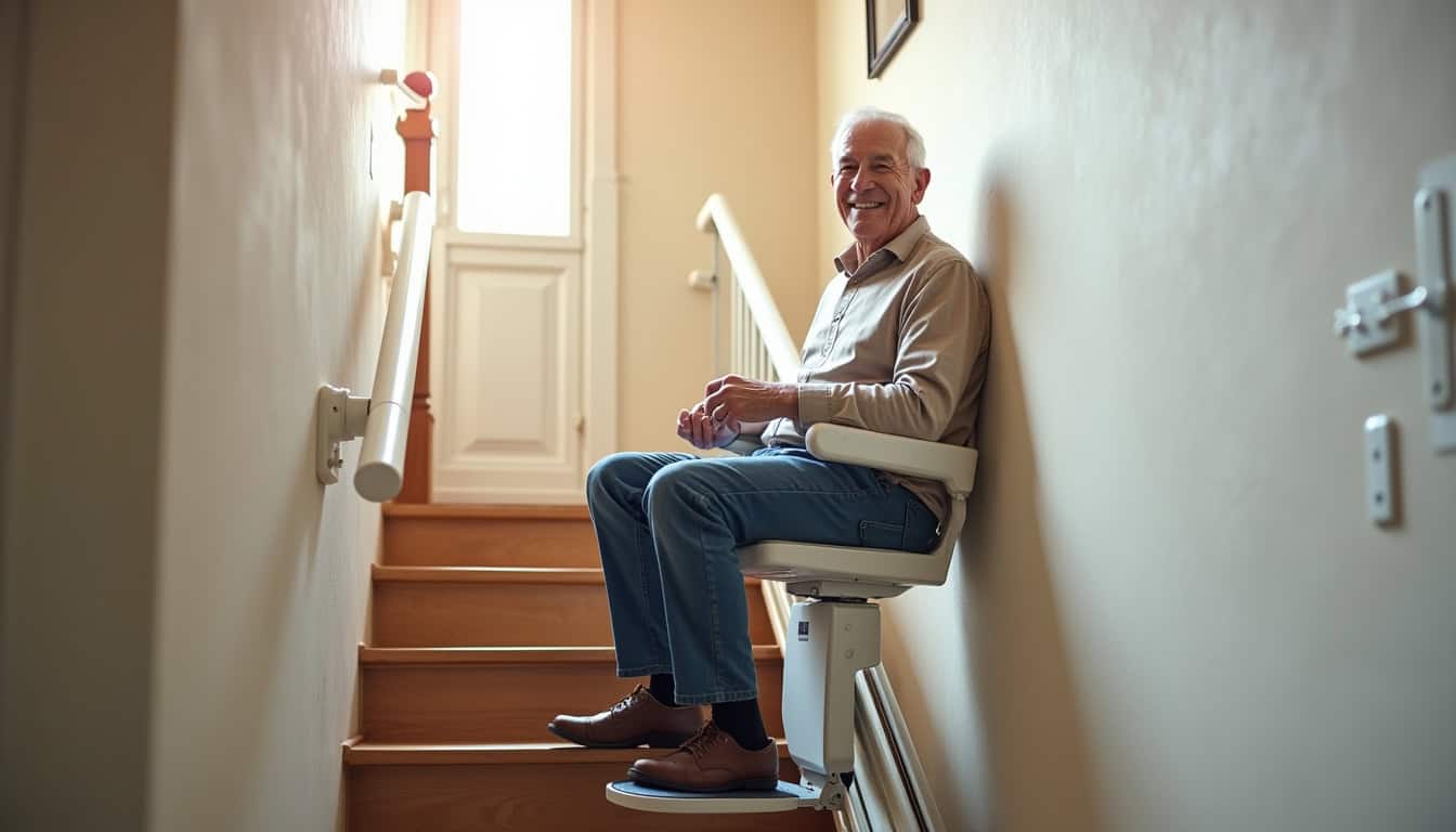 Senior utilisant un monte-escalier dans sa maison à Dreuil-lès-Amiens, en toute sécurité