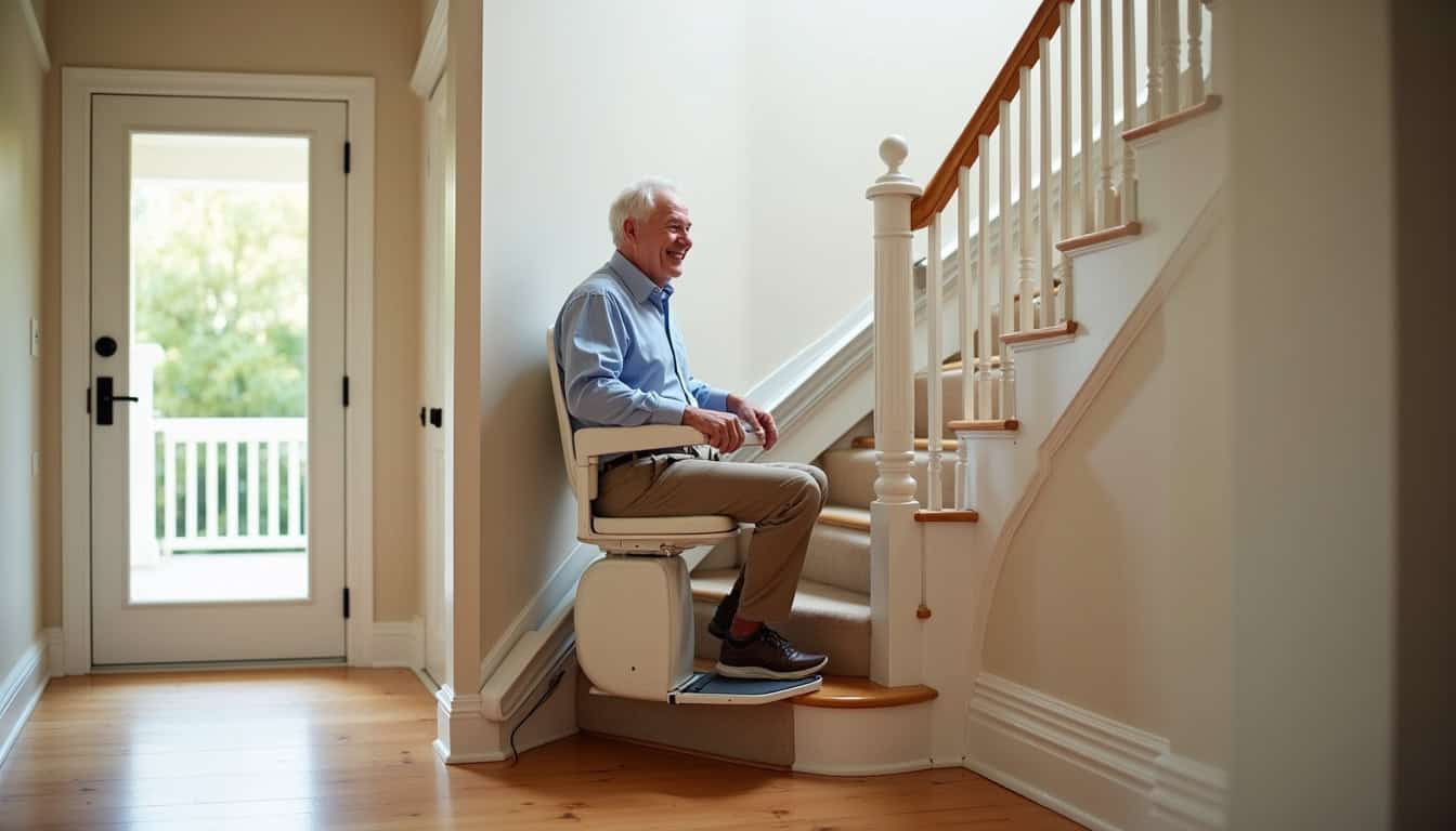 Senior utilisant un monte-escalier dans sa maison à Villers-Bocage