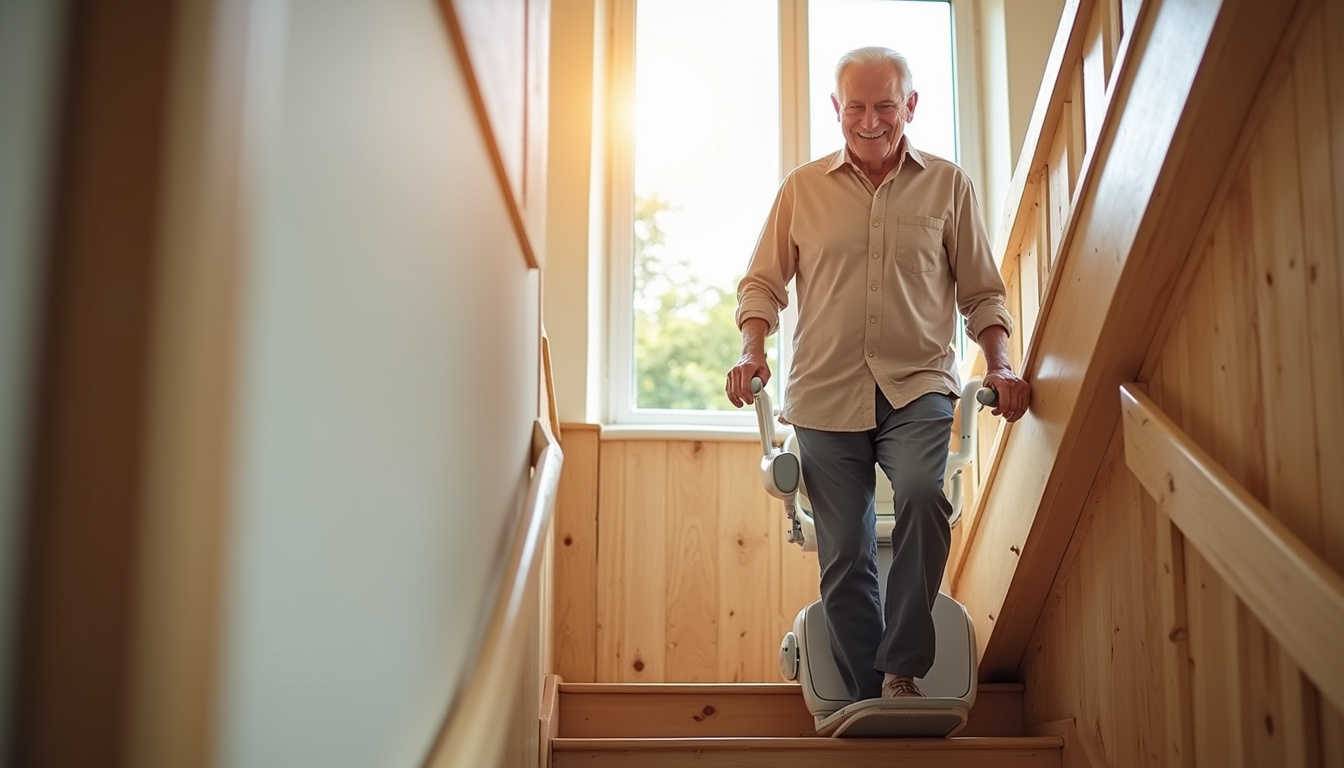 Senior utilisant un monte-escalier dans son domicile