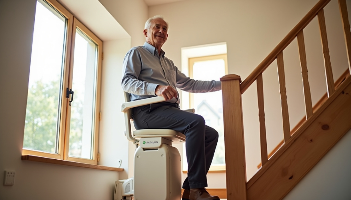 Senior utilisant un monte-escalier dans une maison à Hundling