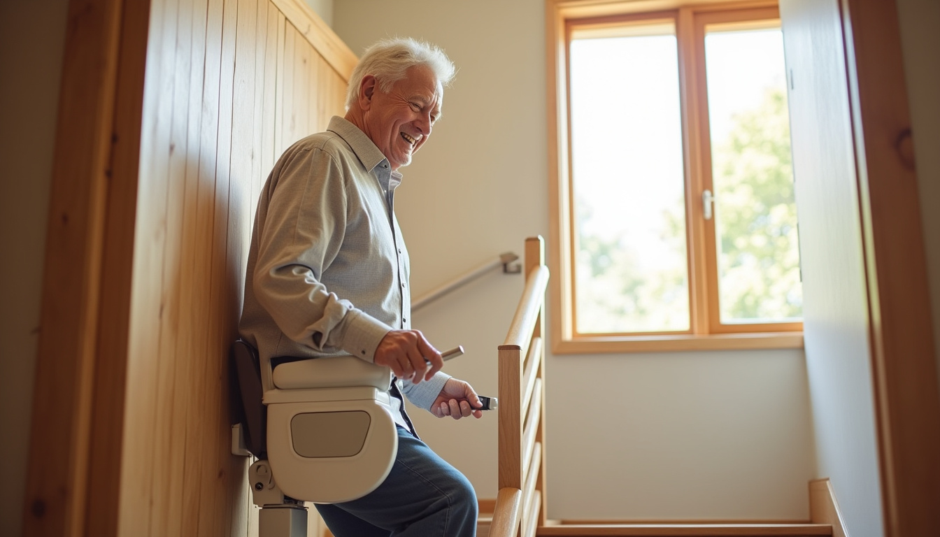 Senior utilisant un monte-escalier dans une maison d